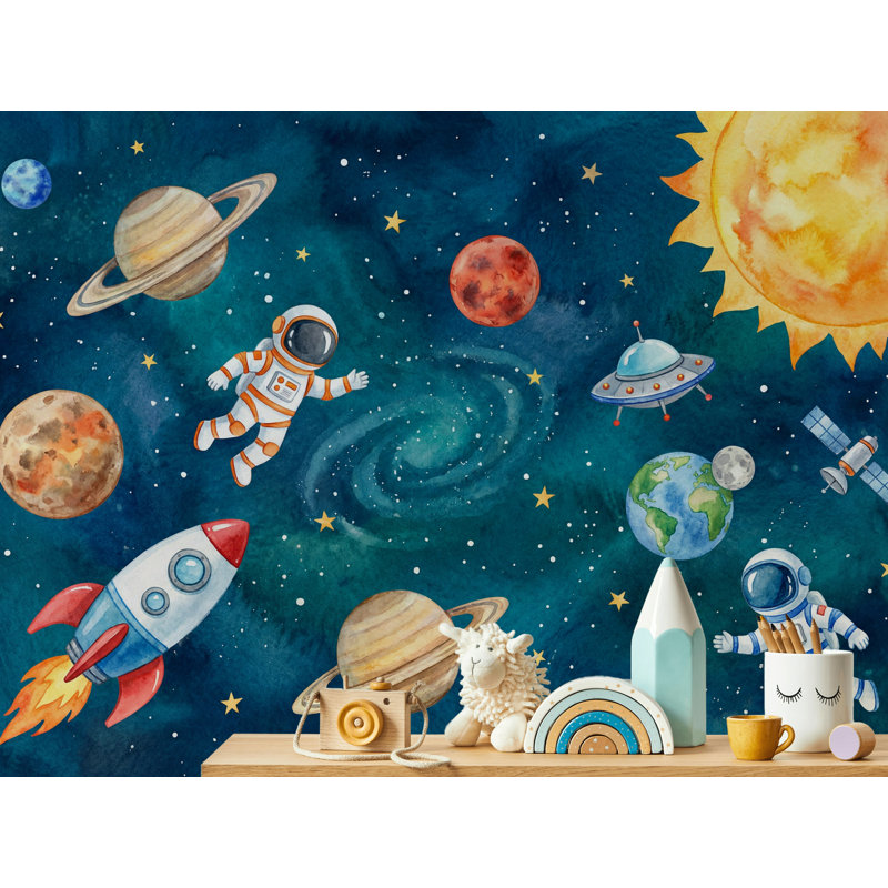 Papier peint fusée astronautes, Non-collé, L: 140 po x H: 96 po