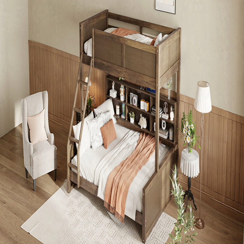 Lit simple superposé au-dessus de grand lit simple avec armoires de rangement et ports USB, Bois