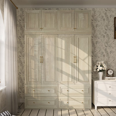 Armoire-penderie autoportante de 239 cm de hauteur avec 4 tiroirs, armoire de rangement de 160 cm pour chambre à coucher, avec quincaillerie dorée