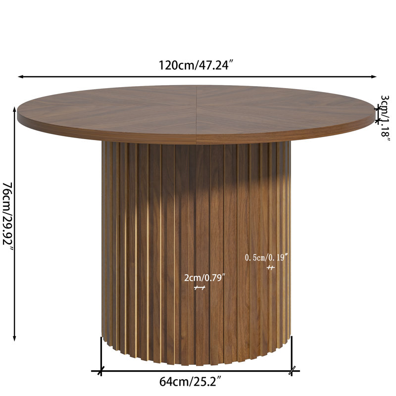 Round Dining Table For 4-6 People, Round Pedestal Dining Table, Kitchen Table With Strip Columns Base, Walnut