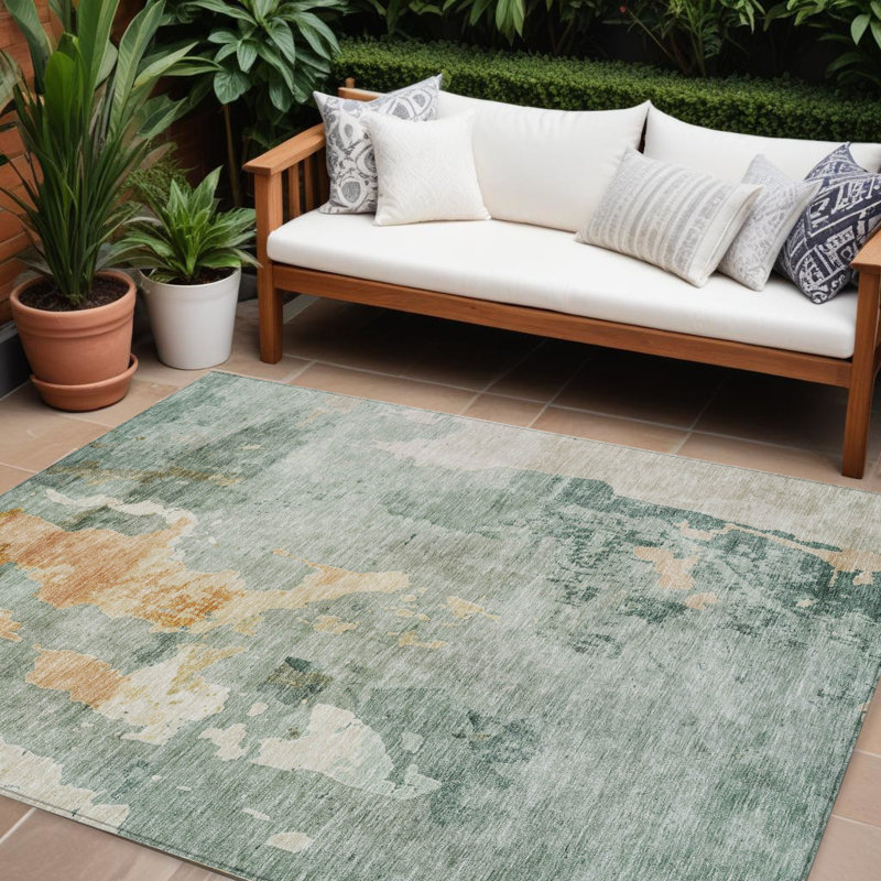 Tapis extérieur lavable abstrait bleu cuivre et gris 9 pi x 12 pi