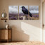 Oiseaux Corbeau perché sur une souche dans un champ mauve, ensemble de 3 impressions sur toile