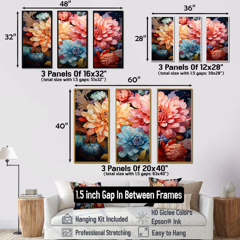 «Mums Burst With Fierce Brushwork Intense Colors I», ensemble d'art sur toile Mums, Cadre flottant doré