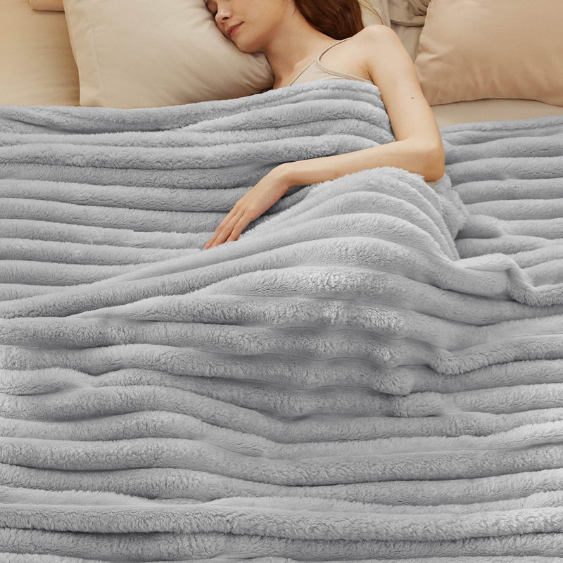 Bedsure 349gsm Blanket For Couch - Super Soft Cozy Blankets, Cute Small Fleece Blanket, Wider Striped Design, Light Gray