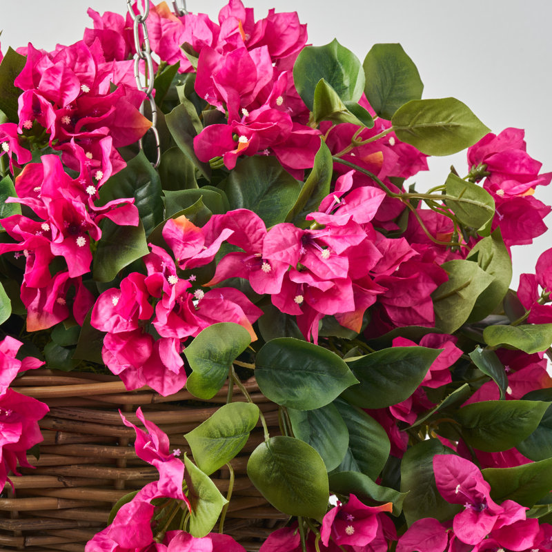 Cerise Bougainvillea In Rattan Basket Faux Floral Outdoor Spring & Summer Hanging Basket