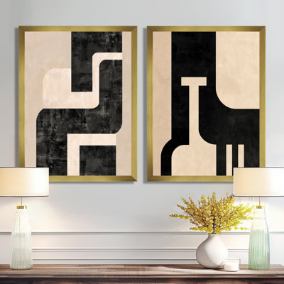 Minimal and Abstract Compositions In Nature Tones - Midcentury Modern, ensemble de 2 reproductions sur toile