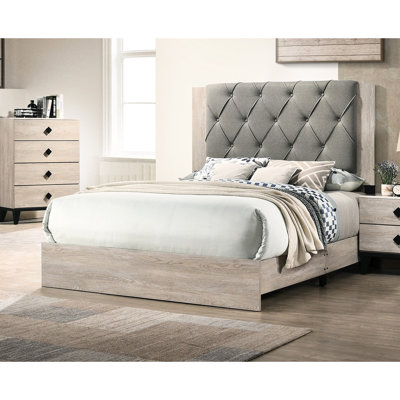 Grand lit pour chambre à coucher, tête de lit grise, finition crème, lit moderne en bois d'hévéa stable, style