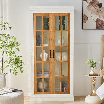 Vitrine de 71,2 po de hauteur avec portes en verre, armoire de style rustique, vitrine pour objets de collection, trophées, pour couloirs de salon, de cuisine, de maison, de studio ou d'espace de travail - blanc et brun