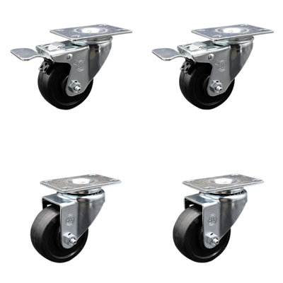 3 Inch SS Soft Rubber Wheel Top Plate Caster Set 2 Total Lock Brakes SCC