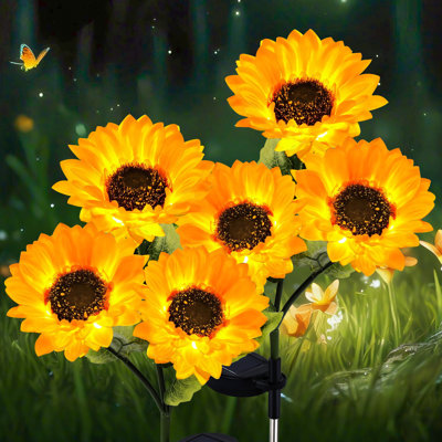 Tournesols tournesols lumières extérieures, décoration de jardin, trois lumières tournesols solaires de jardin améliorées, lumières solaires extérieures, décoration de jardin de patio, art de cour, lumière de sentier, cadeau de fête des mères (ensemble de 2)