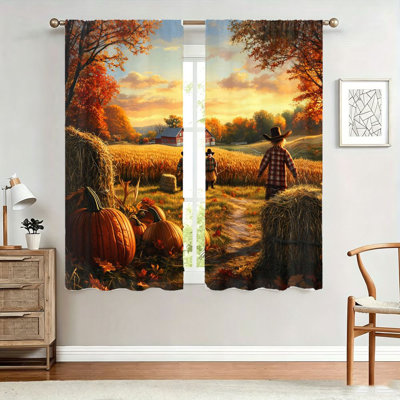 Rideaux de scène de ferme d'automne 2 pièces, tissu filtrant la lumière, imprimé campagnard rétro, parasol et protection de la vie privée, conception à passe-tringle, convient au salon, à la chambre à coucher, au balcon, à la cuisine, à la maison