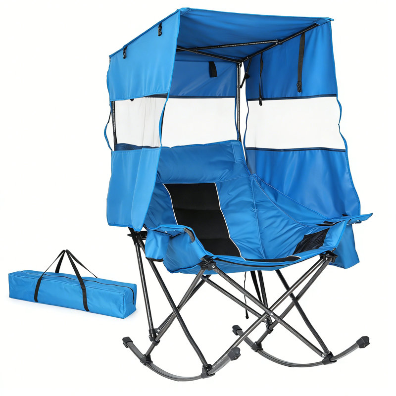 Rocking Camping Chair with Canopy Shade, XL Oversized Folding Outdoor Rocker for Adults with Cup Holder, Cooler Bag & Carry Bag, Blue (1 Pack)