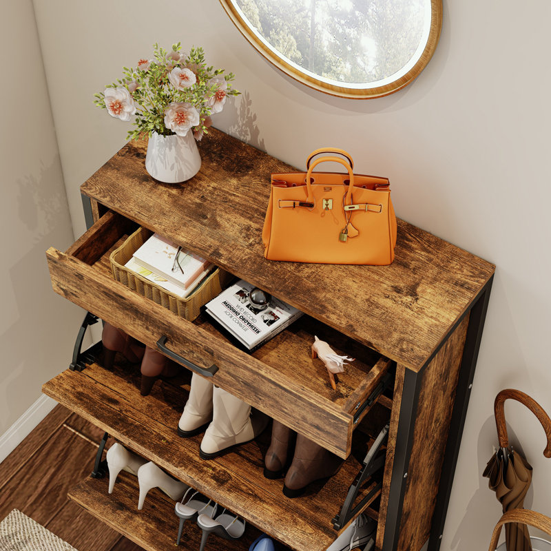 Slim Shoe Cabinet with 2 Flip Drawers &1 Drawer, Narrow Wall Hidden Shoe Cabinet, Rustic Brown