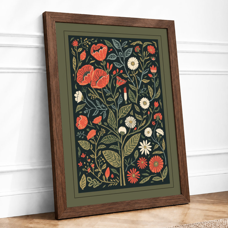 Poppy Garden Pattern Botanical - Framed Print, A4 - 29.7 x 21.0 cm, Walnut
