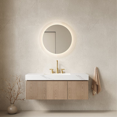 Ensemble de meuble-lavabo et lavabo 48 po, armoire de rangement en contreplaqué flottant avec tiroir et portes, comptoir en pierre frittée blanc Carrara et lavabo en céramique avec 3 trous de robinet pré-percés, pré-assemblé, grain de bois Heidelberg