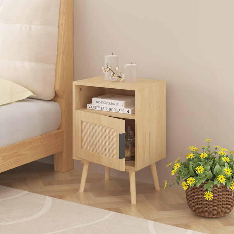 Table de chevet en rotin de 22,83 po de hauteur, table d'appoint avec porte ouverte, table de chevet décorative avec pieds en bois massif pour chambre à coucher, dortoir et petits espaces, chêne