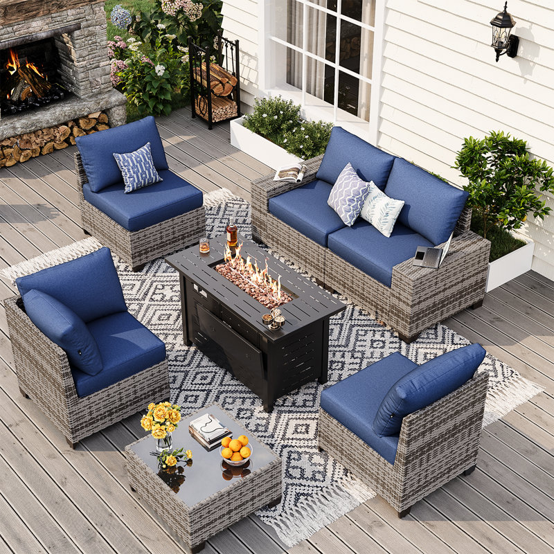 7-pieces Patio Conversation Set With Wide Armrests And Fire Pit Table,outdoor Rattan Seating Group, Blue/Brown
