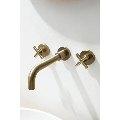 Wall Mount Faucet In Brushed Gold - Solid Brass, Low Maintenance, 2 Handles Brass Bathroom Gold, ,