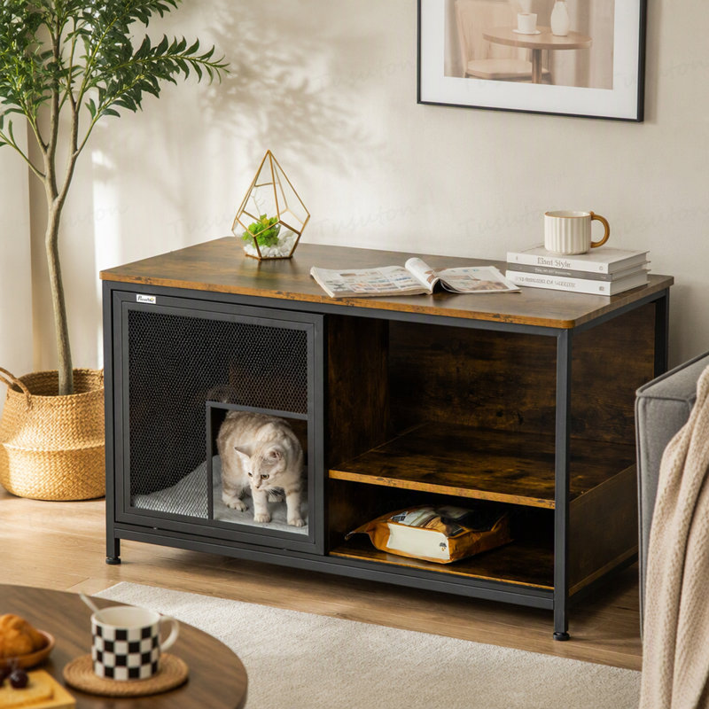 Niche pour chat, cage pour chien de style meuble, maisonnette en bois et acier avec coussin et portes coulissantes