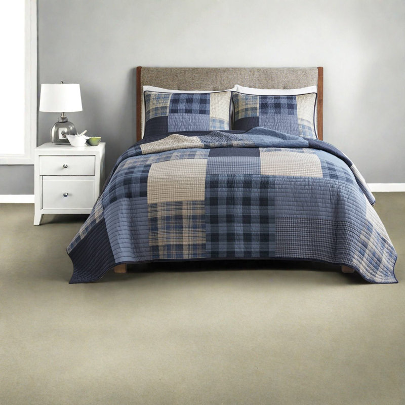 Ensemble de literie 3 pièces en coton de qualité supérieure, courtepointe grand format avec motif bleu marine moderne