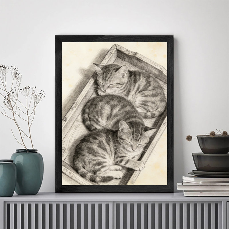 Reproduction d'art encadré noir rétro avec trois chats endormis, H 11 po x l 9 po