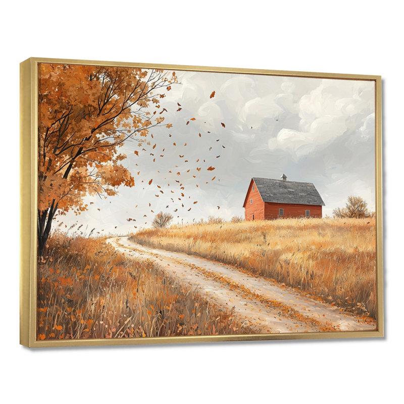 Drewry Windy Prairie Leaves Path To The Farm I - feuilles, art mural, Impression encadrée flottante, H 24 po x l 32 po, Doré