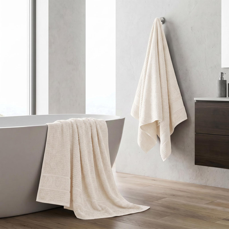 Cotton 2-Piece Bath Towel Set – Waffle Grid Textured Terry Bath Towels, Ivory