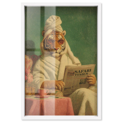 Art mural de salle de bain «Tiger Spa Chill Shadowbox» par Art Remedy, cadre blanc, 21 x 31