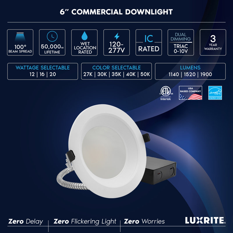 Luxrite 6 po Luminaire encastré commercial à DEL, Downlight Canless avec J-Box, 5CCT, à intensité variable, 12W-20W, jusqu'à 1900LM, IC classé 120-277V Baffle