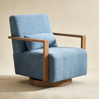 29.7" W 360° Swivel Linen Blend Accent Chair with Solid Wood Open Frame Armrests