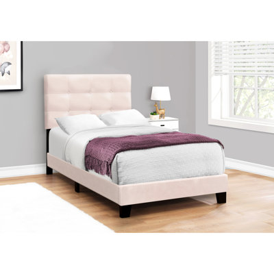 Cadre de lit simple Youthful, revêtu de velours rose, lit en velours de style transitionnel pour chambre à coucher, style pour adolescent