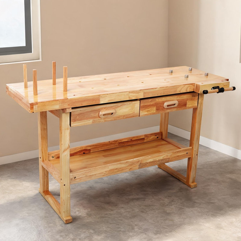 Bureau d'ordinateur en bois naturel avec tiroirs, établi en bois d'hévéa massif de 60 pouces pour garage ou atelier