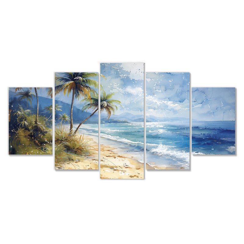 «Blue Green Palm Trees Coastal Breeze I», ensemble d'art sur toile palmiers et palmiers