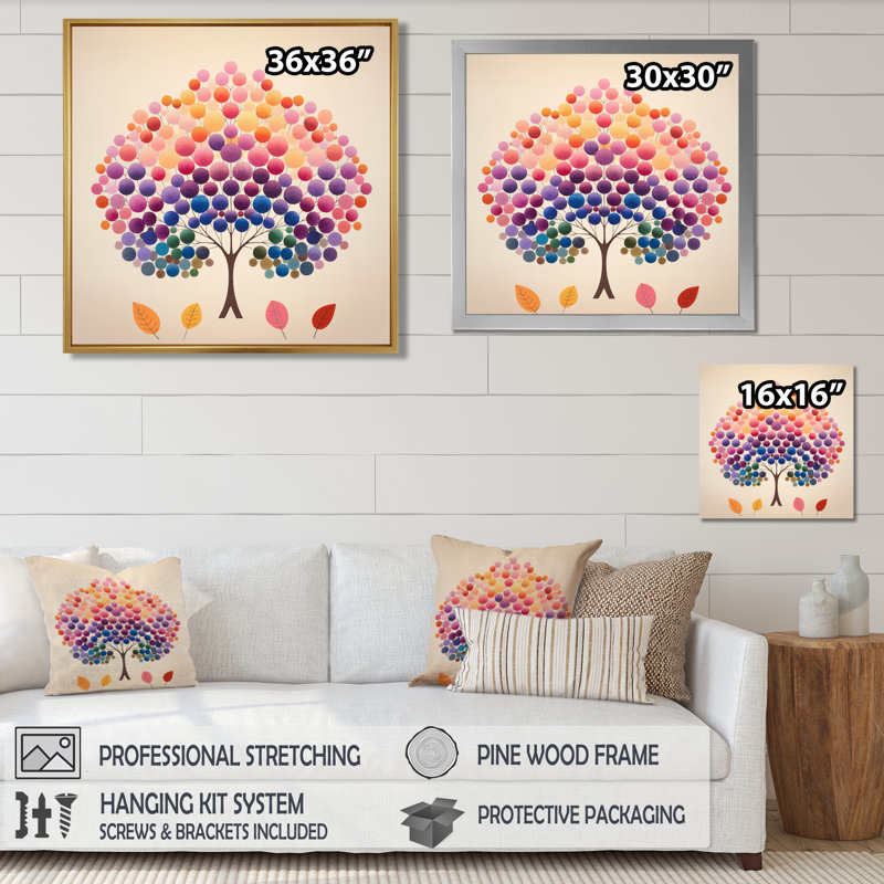 Abstrait cercle graphique arbre mauve jaune - arbre chêne art mural salon, Toile avec cadre flottant noir
