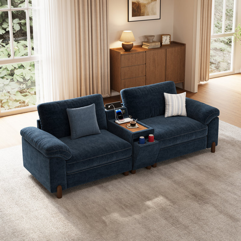 Causeuse 35 po avec console de chargement polyvalente, porte-gobelets et housses lavables, chenille bleu marine, Marine