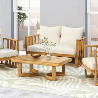 Outdoor Acacia Wood Loveseat And Coffee Table Set With Cushions
