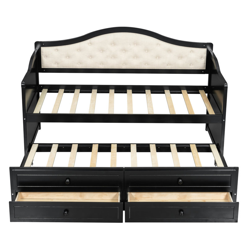 Lit de jour simple avec lit gigogne et deux rangements, dossier capitonné, idéal pour les salles familiales, Black