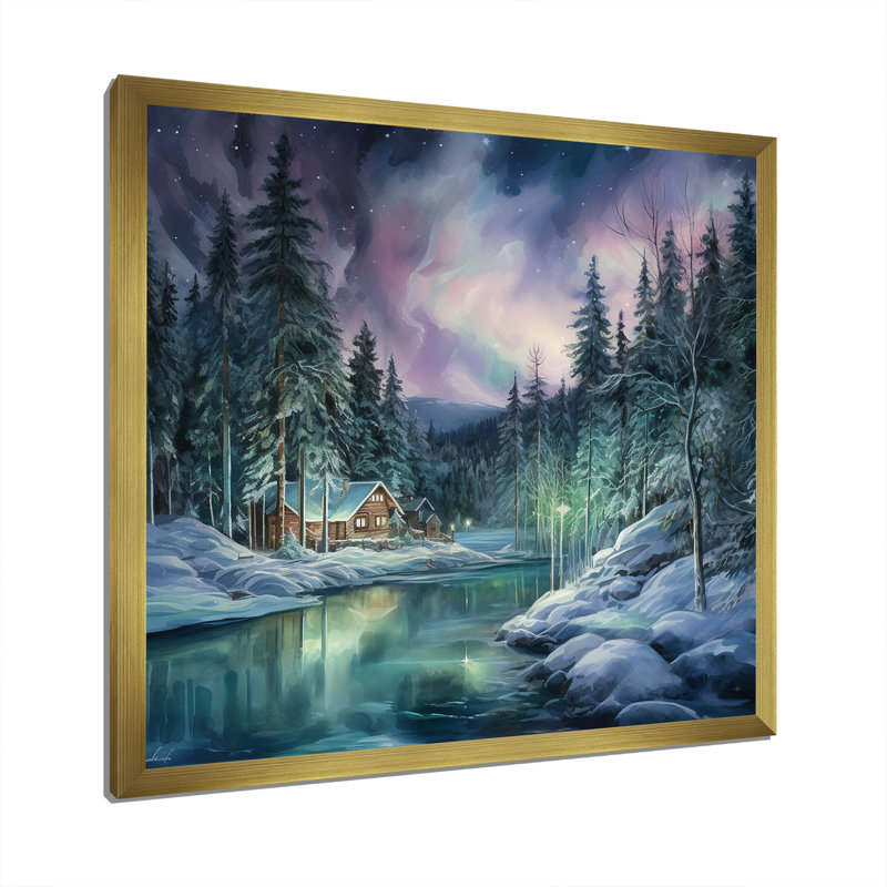 «Northern Lights Charm In Winter», reproduction sur toile, H 16 po x l 16 po x P 1 po, Cadre doré simple