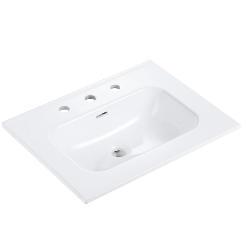 Integrated white ceramic basin with three predrilled faucet holes, drain assembly NOT included