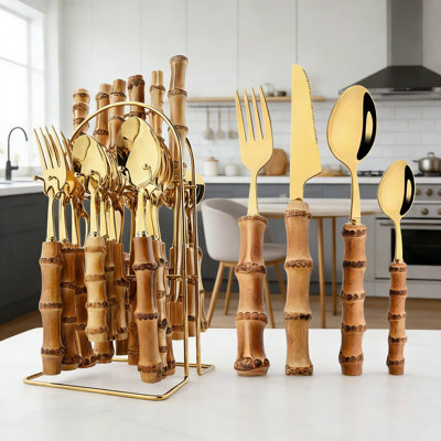 Premium Bamboo Handle Stainless Steel Flatware Set - Durable, Rust-Resistant, Dishwasher Safe Cutlery For Home, Parties, And Gifting