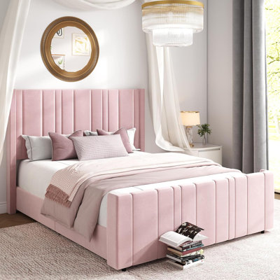 Soft Bed Frame with Vertical Channel Tufted Headboard & Footboard,Velvet Upholstered Bed Frame, Noise Free, No Box Spring Needed, Easy Assembly