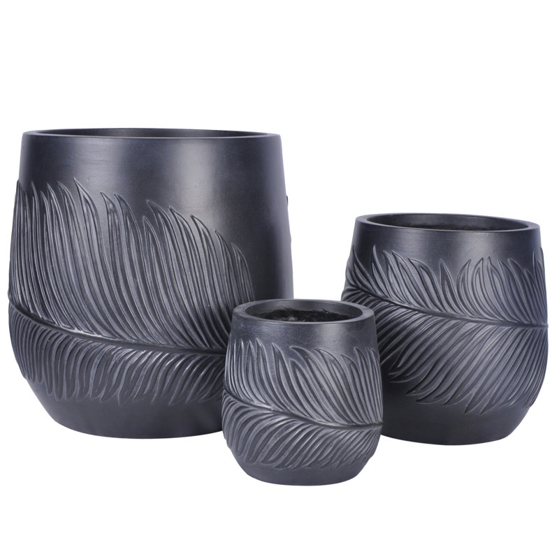 Leaf Embossed Concrete Effect Round Planter, Frostproof Outdoor Plant Pot, Black Round Garden Planter with Drainage Holes