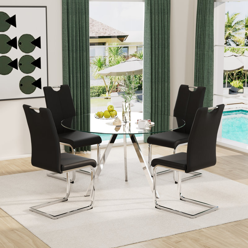 Metal and Glass Round Dining Table Set with 4 Faux Leather Upholstered Dining Chairs, Black