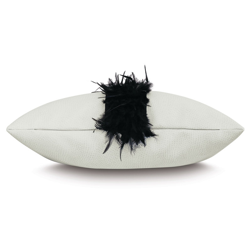 22" Square Off-White Faux Leather Pillow with Black Feather Trim