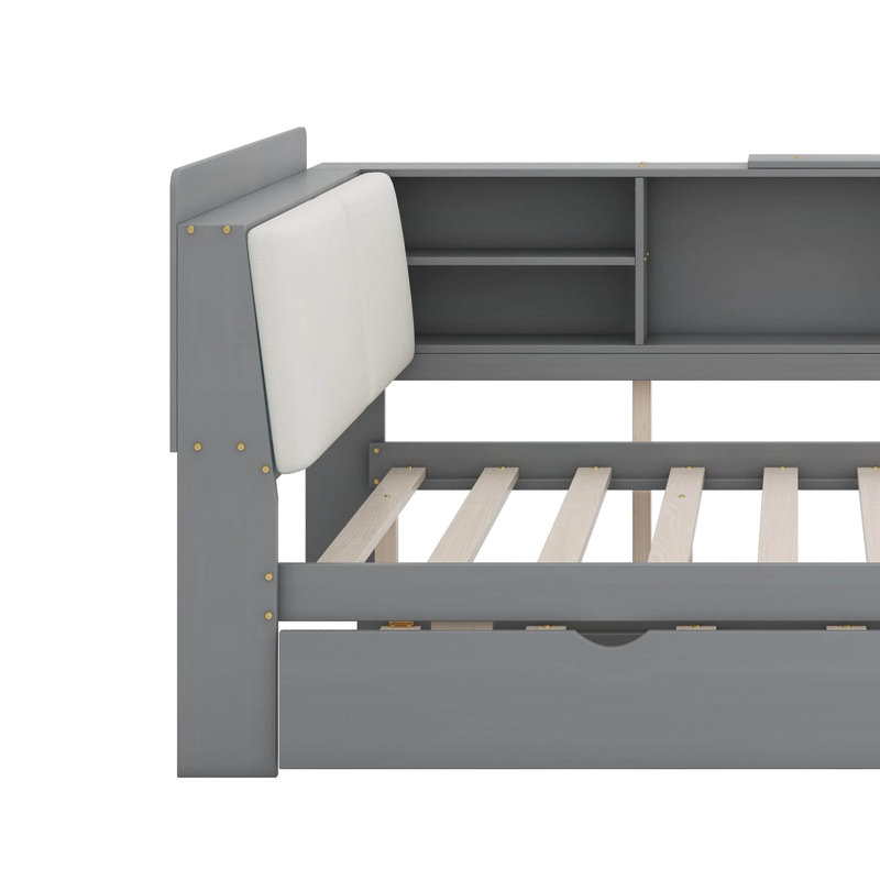 Lit plateforme double avec tablettes, lit gigogne et tête de lit, gris