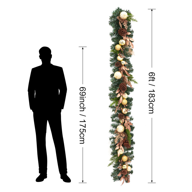 Guirlande de Noël artificielle 6 pi avec lumières, pommes de pin, baies, boules dorées pour porte d'entrée de foyer d'escalier, or
