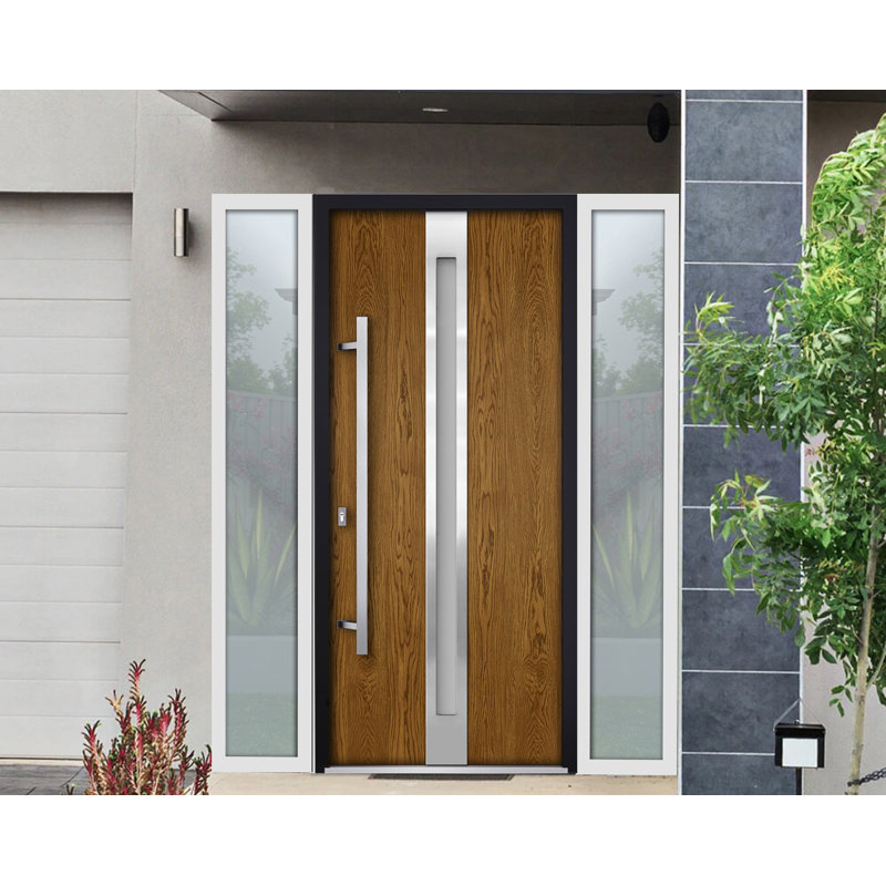 Porte avant en acier pré-suspendue à l'avant / deux en chêne naturel 1744/2 fenêtres extérieures latérales blanches / inserts en acier inoxydable simples peints modernes - l 16 + 36 + 16 po x H 80 po - À droite
