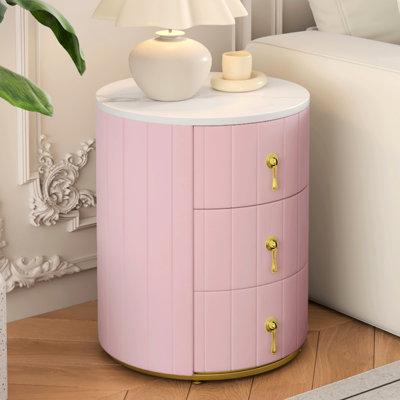Table de chevet ronde, table de chevet rembourrée rose avec 3 tiroirs, poignées en métal doré et plateau autocollant imperméable, assemblage rapide pour une installation rapide dans la chambre à coucher