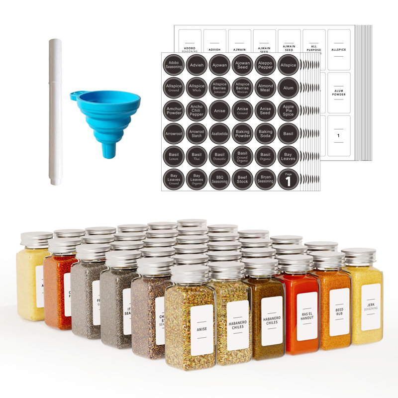 36 Pack 4oz Empty Glass Spice Jars with Labels, Minimalist Farmhouse Stickers & Funnel, Seasoning Containers for Rack, Cabinet & Drawer