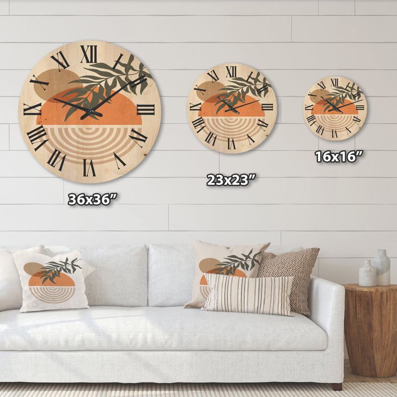 Horloge murale abstraite géométrique soleil et lune avec feuille I, Moyen